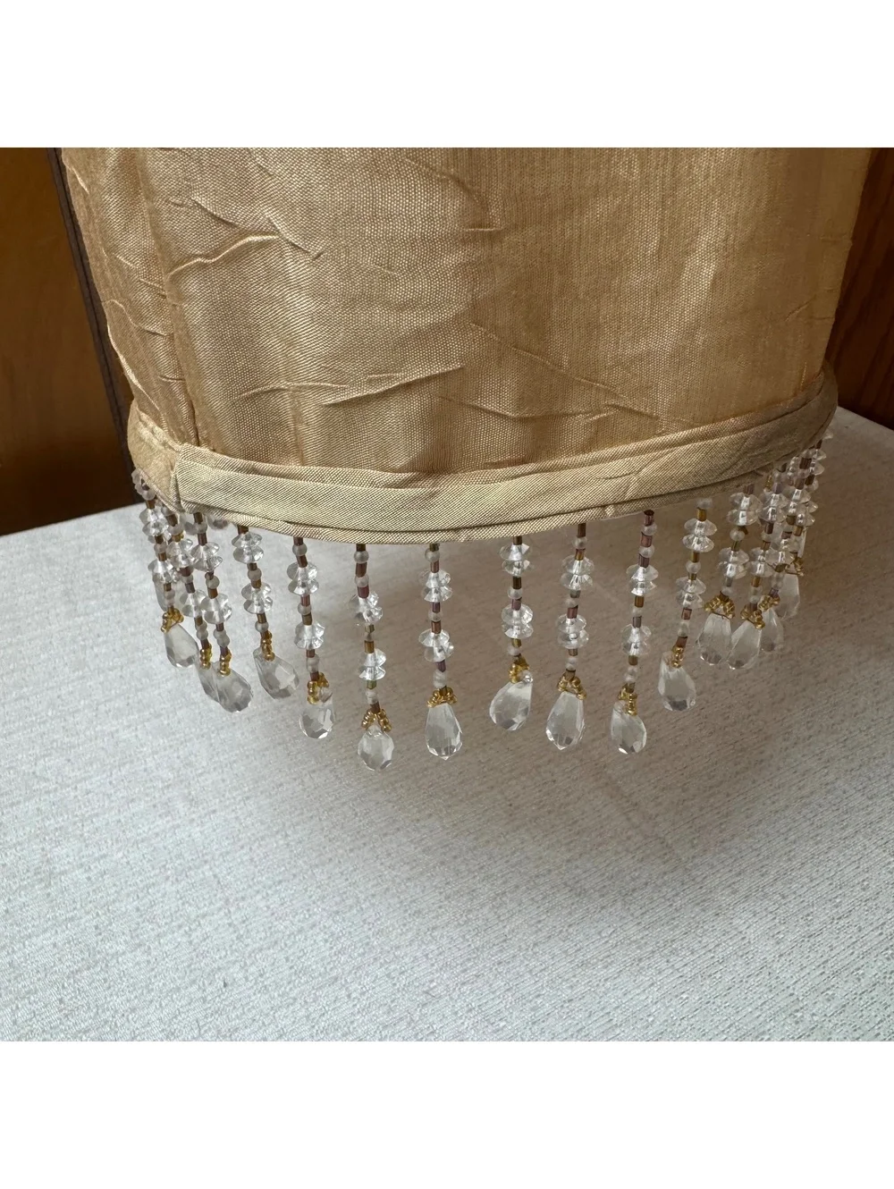 Vintage Gold Silk Bell Lamp Shade With Beaded Crystal Fringe 7 Inch